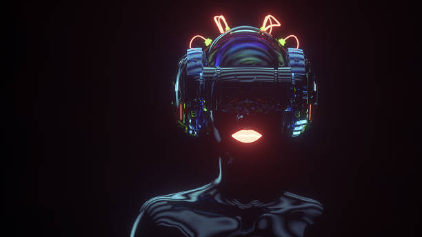 istock Female cyborg with VR headset 639533814