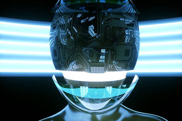 istock Female cyborg with VR headset 639533846