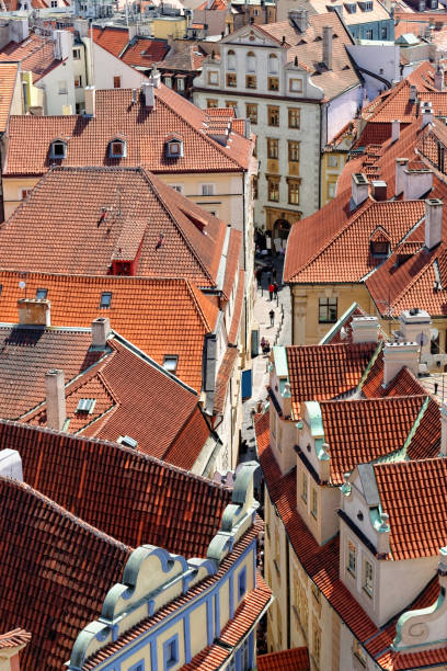 Aerial view of the narrow street of Melantrichova near the Old Town Square of Prague, Czech Republic.