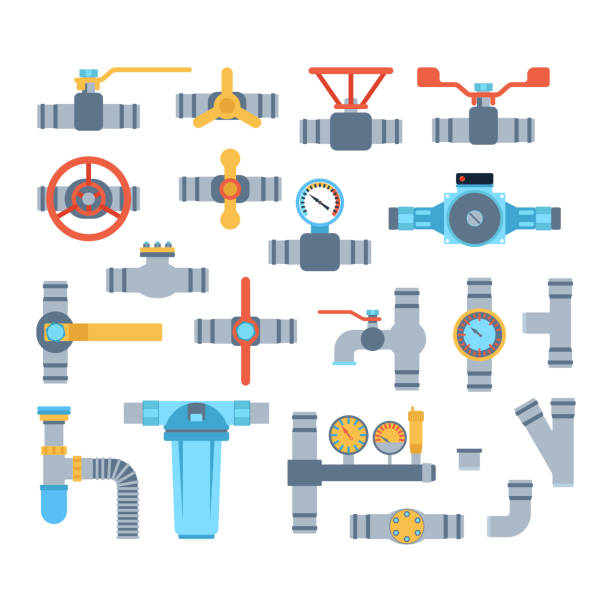 Pipes vector icons isolated. Details pipes different types collection. Vector set of water tube industry, gas valve construction. Oil industrial pressure technology plumbing. Steel factory engineering. pvc flange stock illustrations