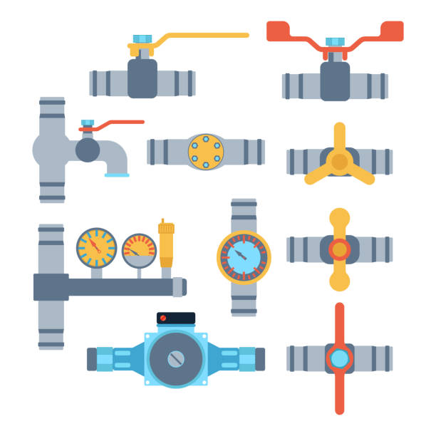 Pipes vector icons isolated. Details pipes different types collection. Vector set of water tube industry, gas valve construction. Oil industrial pressure technology plumbing. Steel factory engineering. pvc flange stock illustrations