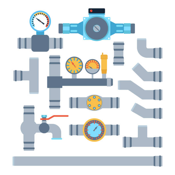 Pipes vector icons isolated. Details pipes different types collection. Vector set of water tube industry, gas valve construction. Oil industrial pressure technology plumbing. Steel factory engineering. pvc flange stock illustrations
