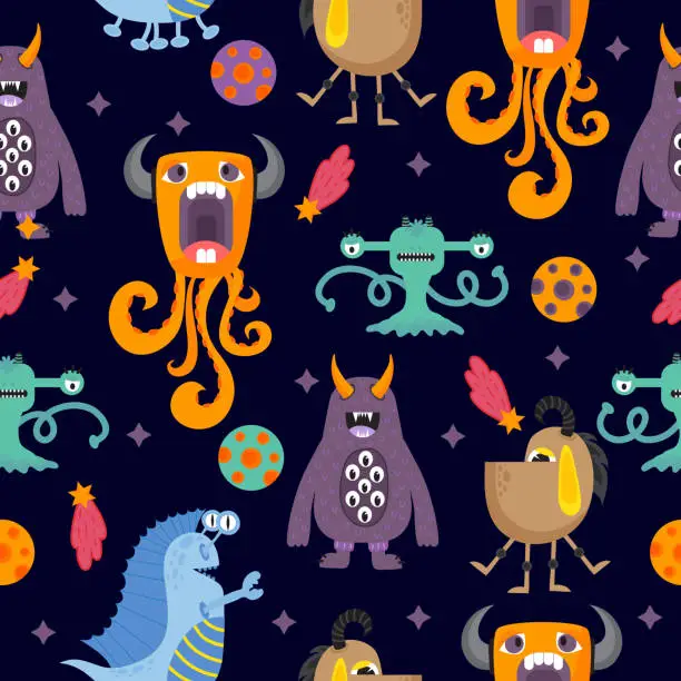 Vector illustration of Cute funny cartoon monsters seamless pattern