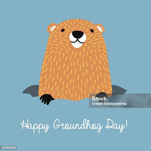 Happy Groundhog Day Cute Groundhog Coming Out Of His Burrow Stok Vektör Sanatı & Groundhog Day - Tatil‘nin Daha Fazla Görseli