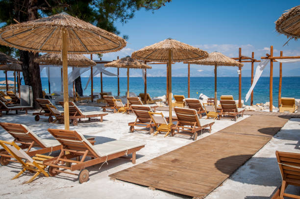praia com guarda-chuvas de madeira e protetores solares - beach palm tree island deck chair - fotografias e filmes do acervo