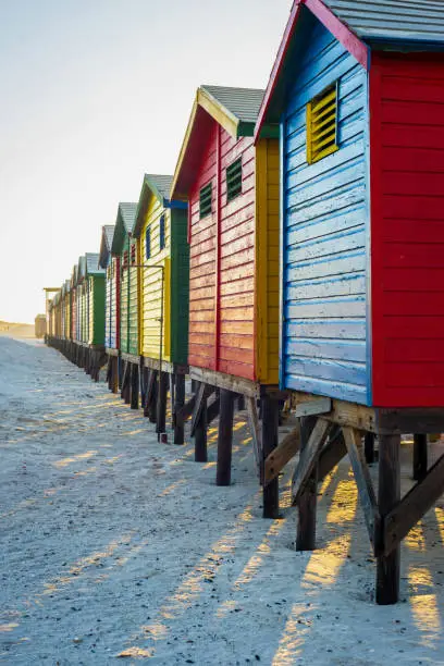 Famous colorful huts at Muizenberg Beach outside Cape Town, South Africa