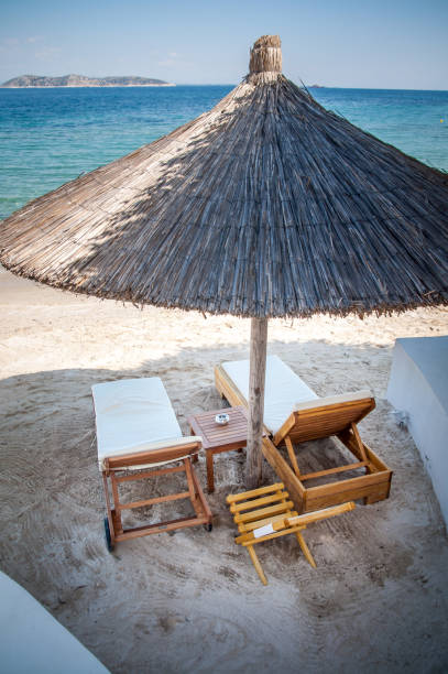 beach with wooden umbrellas and sunbeds - beach palm tree island deck chair imagens e fotografias de stock