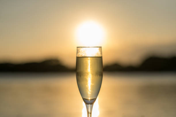 glass of Champagne on grass at river side In evening