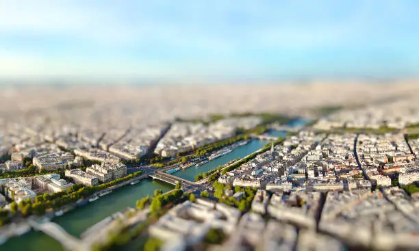 Panoramic view of Paris, France. Miniature tilt shift lens effect.