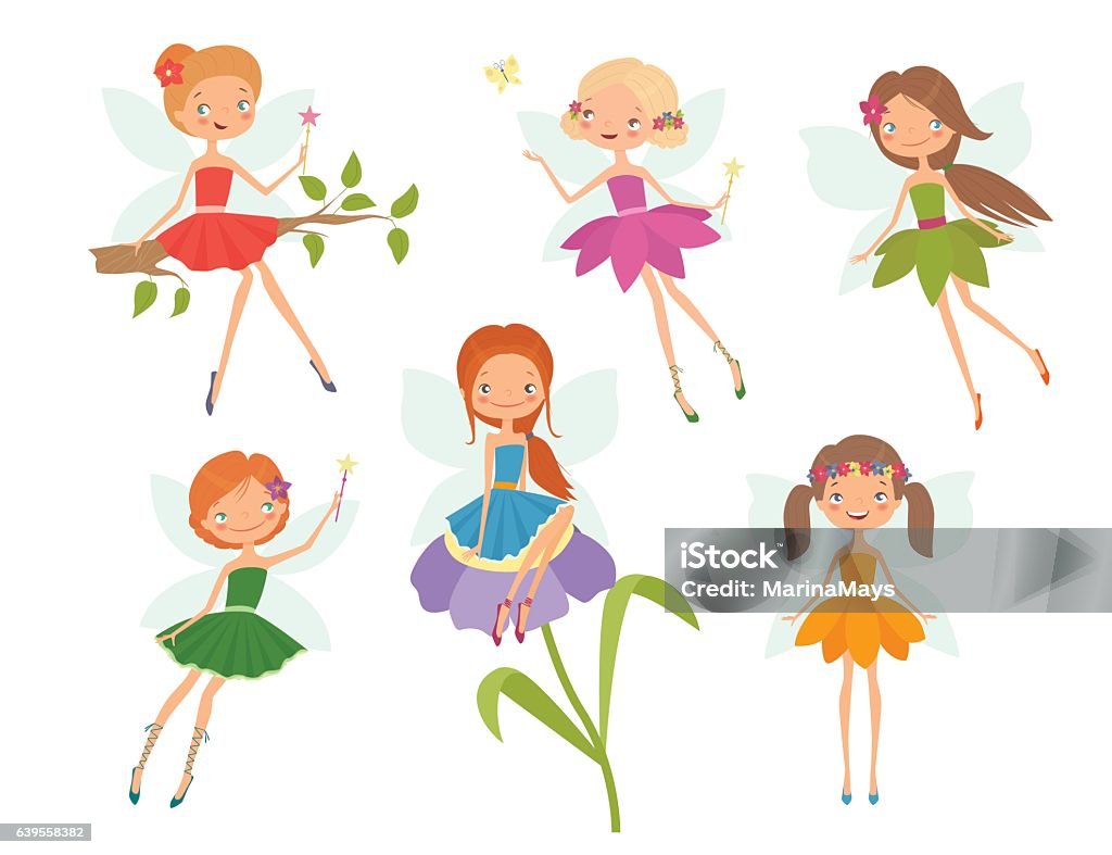 Cartoon Character Set Of Cute Little Fairies Stock Illustration - Download  Image Now - Fairy, Vector, Cartoon - iStock