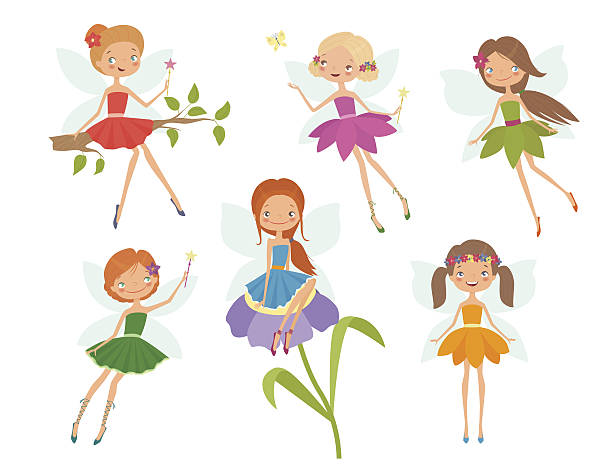 Cartoon character set of cute little fairies Cartoon character set of cute little fairies. Vector illustration fairy wings stock illustrations
