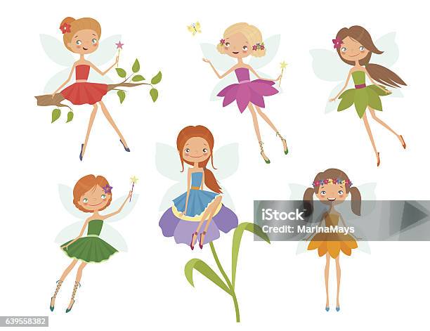 Cartoon Character Set Of Cute Little Fairies Stock Illustration - Download Image Now - Fairy, Vector, Cartoon