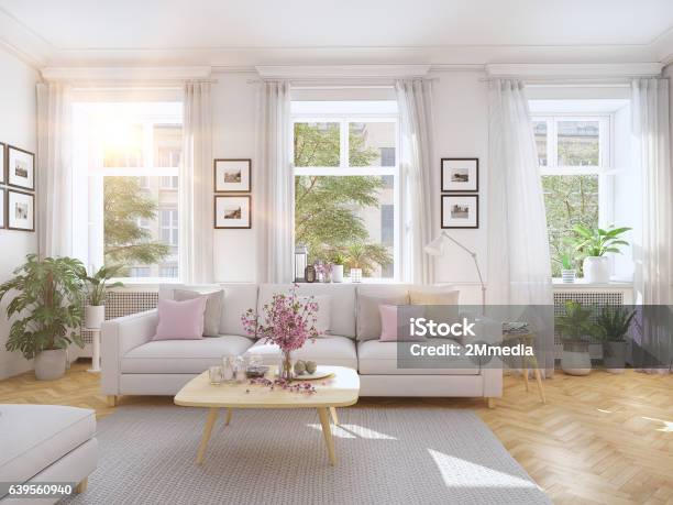 Modern Living Room In Townhouse 3d Rendering Stock Photo - Download Image Now - Living Room, Curtain, Indoors