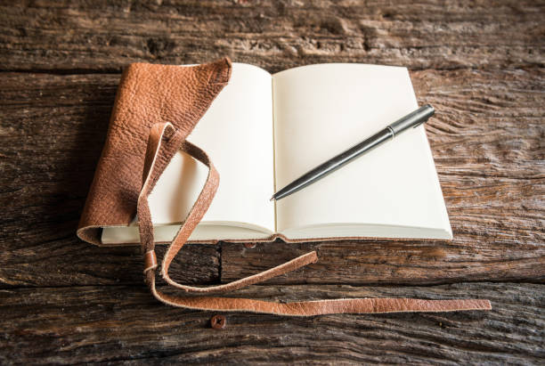 istock The leather book on the wood table. 639563710