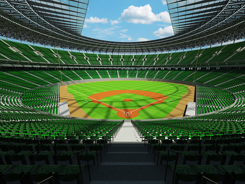 3D render of baseball stadium with green seats, VIP boxes and floodlights for hundred thousand people