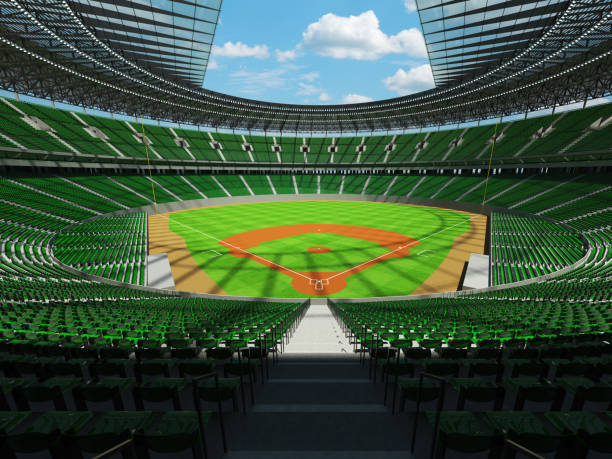 Beautiful modern baseball stadium with green seats and VIP boxes 3D render of baseball stadium with green seats, VIP boxes and floodlights for hundred thousand people sod roof stock pictures, royalty-free photos & images