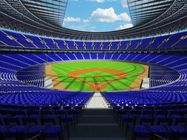 istock Beautiful modern baseball stadium with blue seats and VIP boxes 639566424