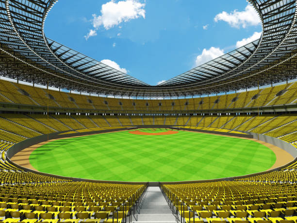 istock Beautiful modern baseball stadium with yellow seats and VIP boxes 639566742