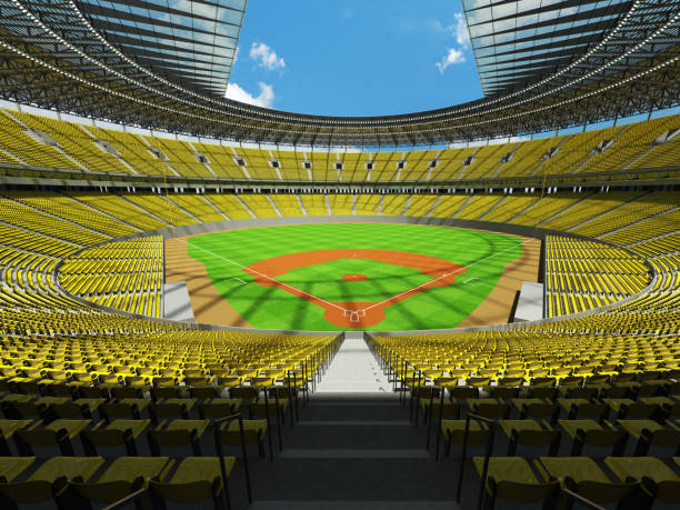 istock Beautiful modern baseball stadium with yellow seats and VIP boxes 639566770