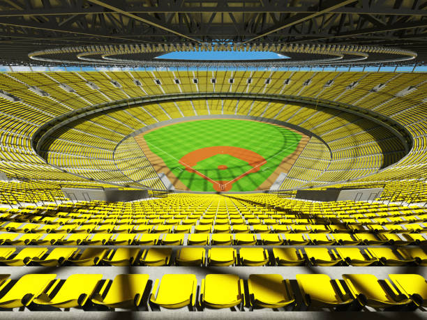 istock Beautiful modern baseball stadium with yellow seats and VIP boxes 639566780