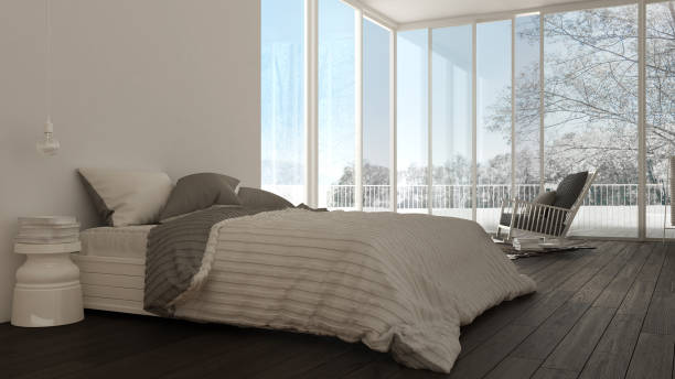 istock Classic bedroom, minimalistic white interior design, big windows 639569084