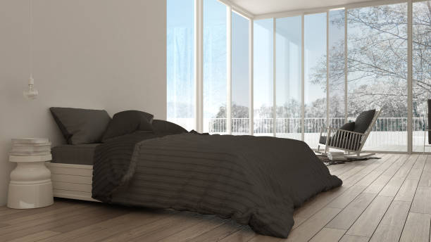 istock Classic bedroom, minimalistic white interior design, big windows 639569222