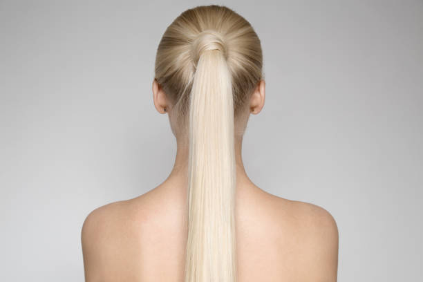 hermosa mujer rubia joven con peinado de cola de caballo. vista posterior - ponytail hairstyle female back fotografías e imágenes de stock