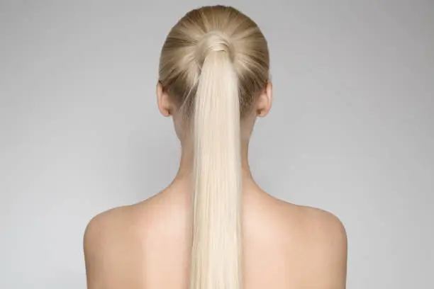 Portrait Of A Beautiful Young Blond Woman With Ponytail Hairstyle. Back view