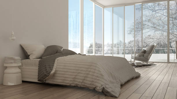 istock Classic bedroom, minimalistic white interior design, big windows 639569286