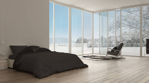 istock Classic bedroom, minimalistic white interior design, big windows 639569552