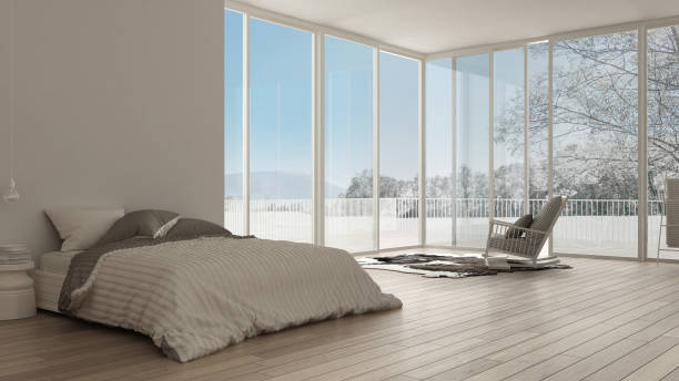 istock Classic bedroom, minimalistic white interior design, big windows 639569636