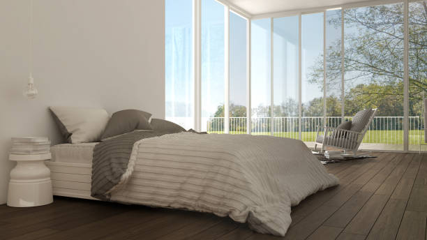 istock Classic bedroom, minimalistic white interior design, big windows 639569862