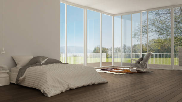 istock Classic bedroom, minimalistic white interior design, big windows 639570458