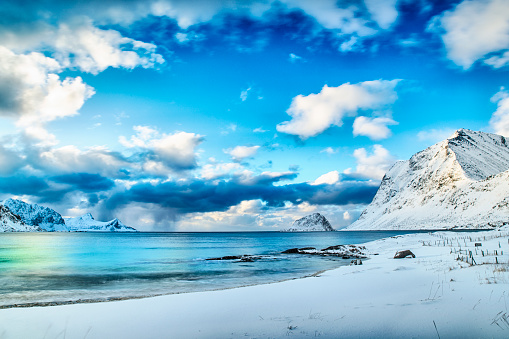 Beach in winter at the nordic atlantic ocean, Lofoten islands, Norway