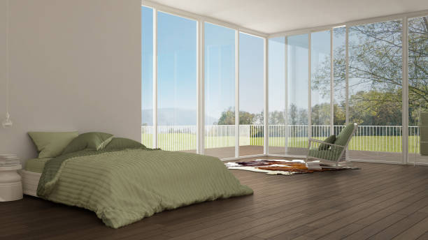 istock Classic bedroom, minimalistic white interior design, big windows 639570548