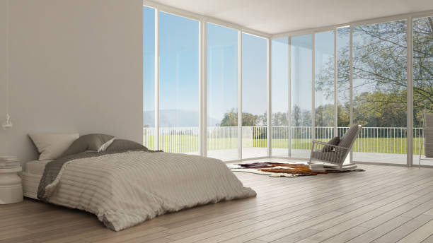 istock Classic bedroom, minimalistic white interior design, big windows 639570714