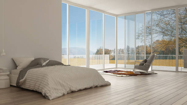 istock Classic bedroom, minimalistic white interior design, big windows 639571412