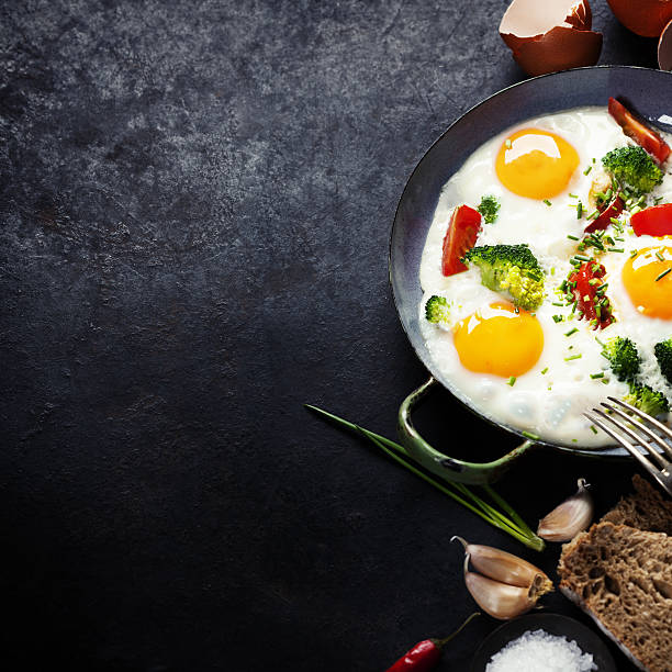 istock Pan of fried eggs, broccoli and cherry-tomatoes, top view 639571926