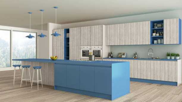 istock Minimalistic kitchen with wooden and blue details, scandinavian 639572080