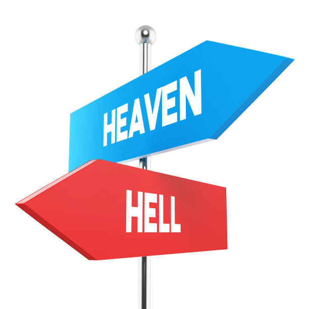 2 road signs pointing heaven and hell directions - heaven hell road sign sign imagens e fotografias de stock