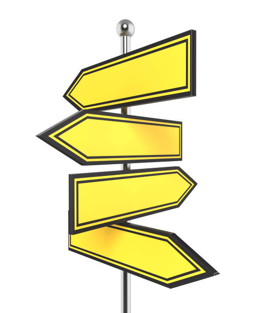 istock 4 blank yellow road signs pointing in different directions 639572382
