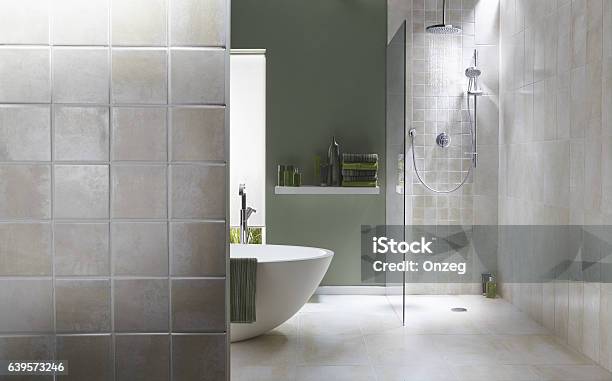 Interior Of Bathroom In Cool Green With A Running Shower Stock Photo - Download Image Now