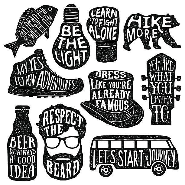 set of hand drawn vintage labels with textured illustrations set of hand drawn vintage labels with textured illustrations and inspirational quotes about lifestyle. vector typography posters collection. lettering artworks for t-shirt or bag print. fish, bulb, boxing glove, bear, hiking boot, tall hat, guitar headstock, beer bottle, beard and glasses, minivan guitar silhouettes stock illustrations