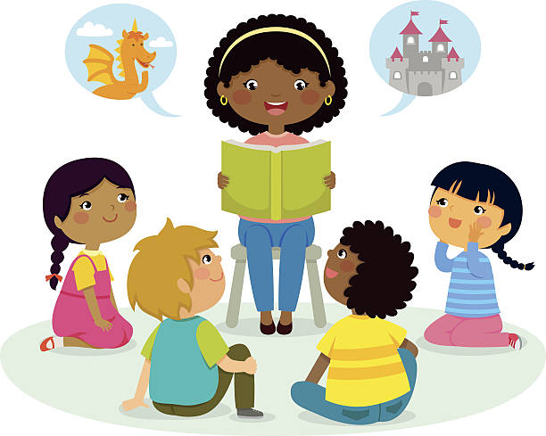 ilustraciones, imágenes clip art, dibujos animados e iconos de stock de tiempo de la historia – grupo multicultural - preschool teacher