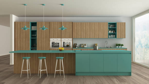 istock Scandinavian white kitchen with wooden and turquoise details, mi 639575420