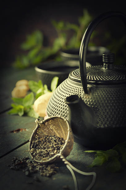 istock Japanese teapot and cups with mint tea 639575788