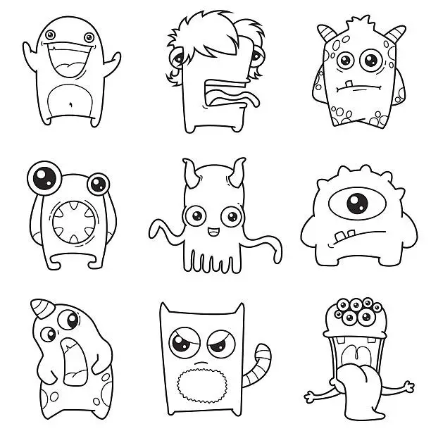 Vector illustration of set of cartoon cute monsters outline