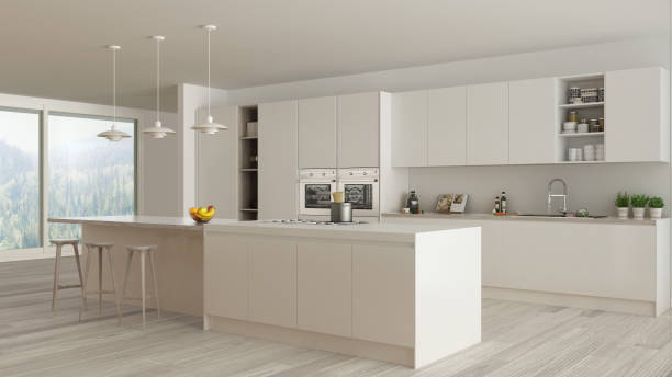 istock Scandinavian white kitchen with wooden and white details, minima 639577204
