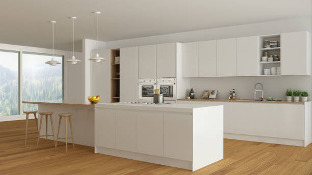 istock Scandinavian white kitchen with wooden and white details, minima 639577292