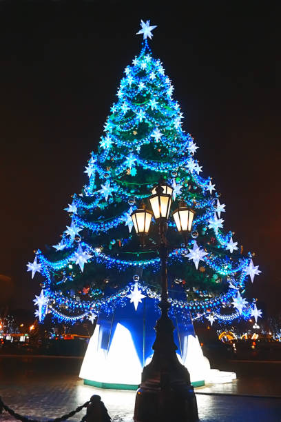 istock Christmas tree in festive light illumination 639578040